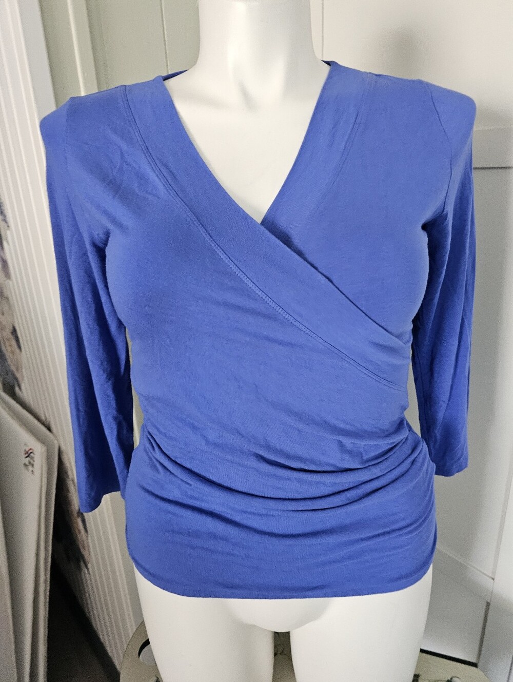 LAUREN RALPH LAUREN Blue Loch Jersey Surplice Top 80s Style Ruched L Large EUC